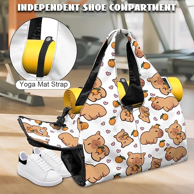 Capybara Workout Bag for Women with Yoga Mat Holder and Shoe Compartment White Gym Bag Waterproof Gym Duffel for Swimming, Stylish Fitness Duffel Bag