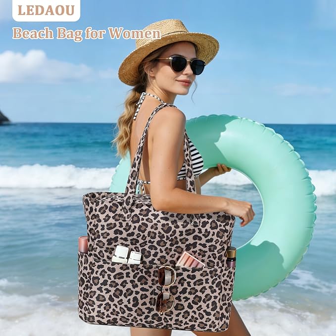 LEDAOU Large Beach Bag Women Waterproof Sandproof Zipper Beach Tote Pool Bag for Swim Gym Grocery Travel with Wet Pocket | Waterproof, Sandproof, Zipper, Pool, Gym, Grocery