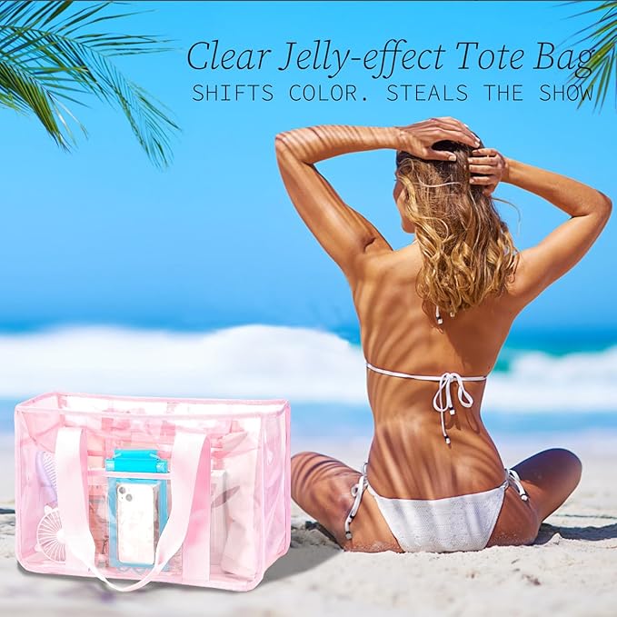 Iridescent Clear Beach Bag for Women, Large Pool Tote Cruise Vacation Essentials - Waterproof, Zipper Closure