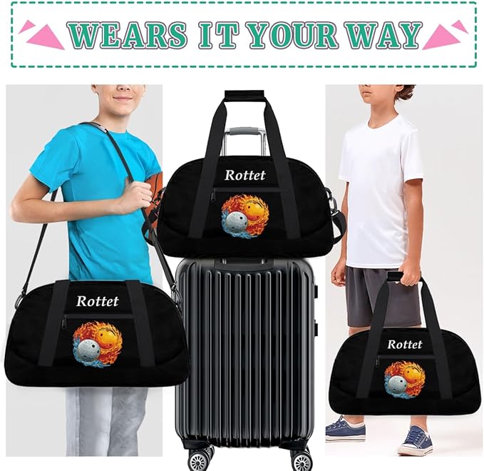 Personalized Sports Duffel Bags, Custom Kids Football Duffle Bag for Boys with Your Name, Lightweight Overnight Weekender Bag for School Gymnastics Travel,Red White Flame Soccer Ball
