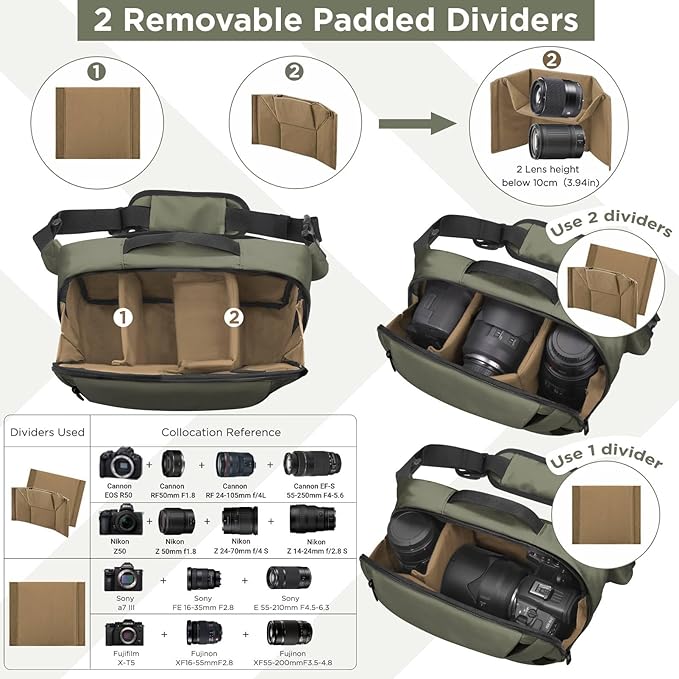 Camera Sling Bag,Travel Waterproof Camera Case with Tripod Holder,Lightweight DSLR/SLR/Mirrorless Small Camera Bags Crossbody for photographers (Dark Green)
