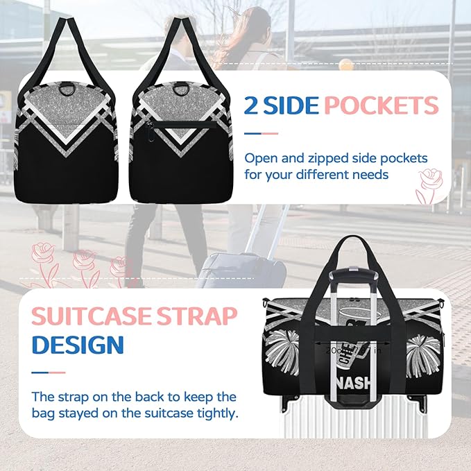 Custom Name Overnight Duffel Cheerleaders Bag, Personalized Sport Gym Travel Weekender Bags, Small, 17.91" x 8.07" x 9.65", Silver Black Glitters Cheer Team