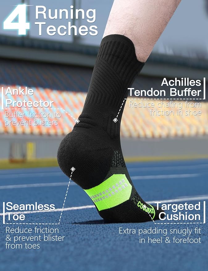 Compression Running Socks, Bamboo Viscose Coolmax Moisture-Wicking Anti-Blister Athletic Hiking Workout Gym Padded