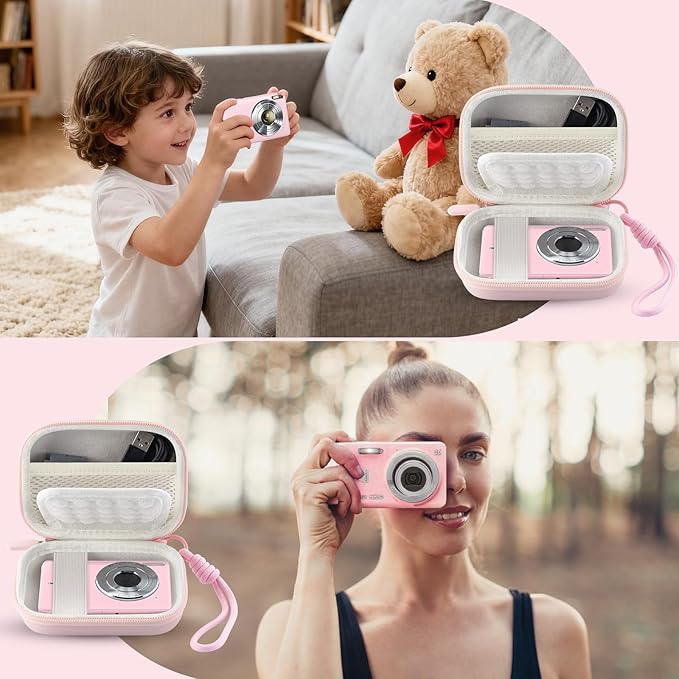Camera Case for Digital Camera CAMKORY DC403 FHD 1080P/ KODAK PIXPRO FZ55/ FZ45, Small Travel Compact Camera Holder with Mesh Pocket for Accessories SD Card (Pink)