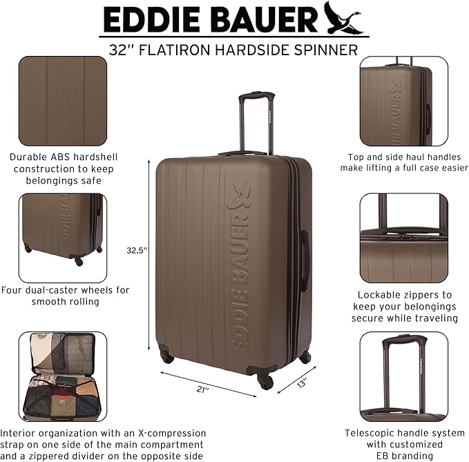 Eddie Bauer Flatiron Check-In 32" Luggage | Hardside | Spinner Wheels | Expandable | Lightweight | Travel Essentials - Dark Fatigue
