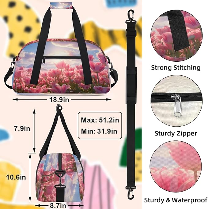 Pink Tulip Field Sunset Sports Duffel Bags, Water-Resistant Gym Duffle Bag for Men Women, Lightweight Weekender Overnight Bag for Fitness, Workout, Travel