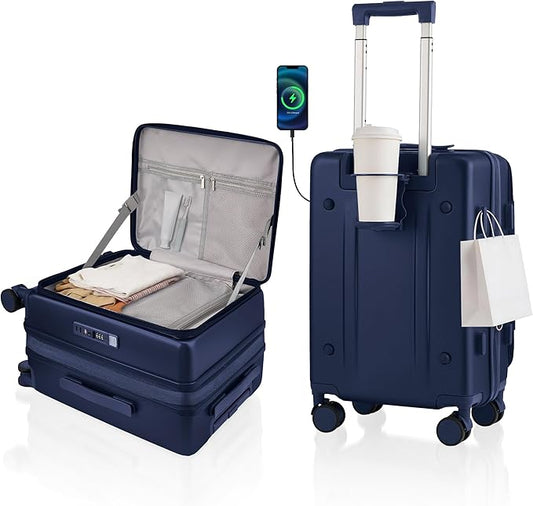 Expandable 20Inch Carry On Luggage Airline Approved - Top Opening Hardside Travel Suitcase Unbreakable -with Cup Holder,USB Charge,Side Pothook, 360°Spinner Wheels, TSA Lock-Navy Blue