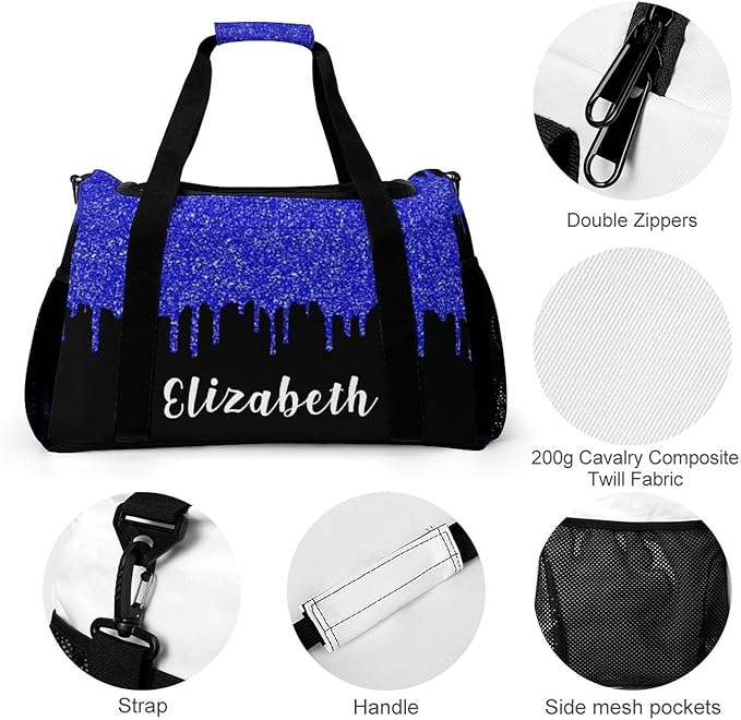 Handheld Crossbody Multifunctional Travel Bags, Personalized Duffle Bags, Sparkle Navy Blue Glitter Print Luggage Bag, Custom Name Weekender Overnight Bags