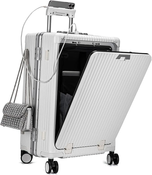 feilario Aluminium Frame PC Hard Shell Spinner Wheels Luggage,20.8"X15"X8.7 Airline Approved Built-In TSA lock Carry on Suitcase, with Cup Holder, USB Port, Phone Holder