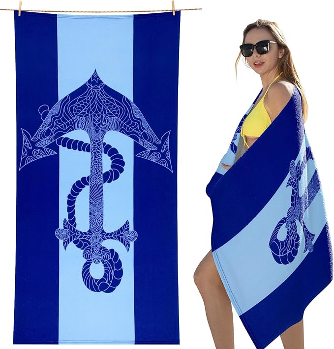 cabanana Sand Free Beach Towel - Large Oversized Beach Towel Sandproof 70x35 Big Microfiber Quick Dry Pool Towel, Thin Lightweight Compact for Travel Swimming Bath for Adults Women Men (Anchor)