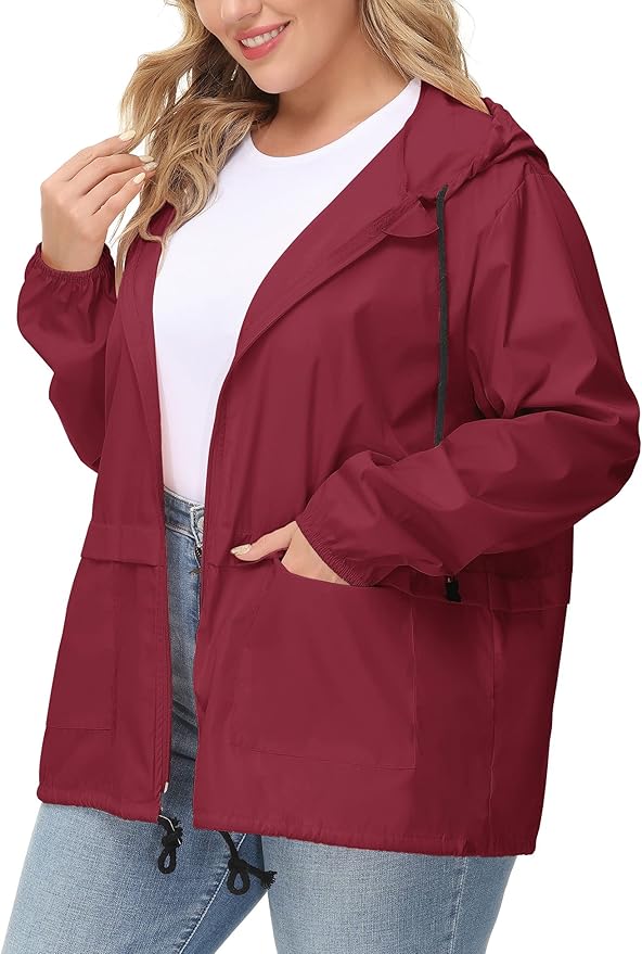 Avoogue Plus Size Raincoat Women Waterproof Rain Jacket Packable Outdoor Hooded Windbreaker