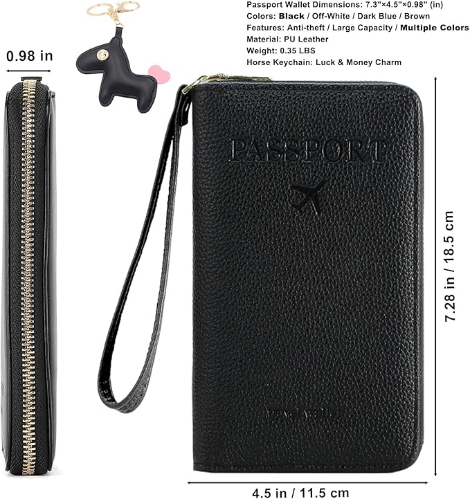 Multi-Functional Passport Holder Cover with Purse Charms,Premium Travel Wallet RFID Blocking Passport Cover Card Case for Holds Phones, Passports, Cash, Cards & Boarding Passes-Black