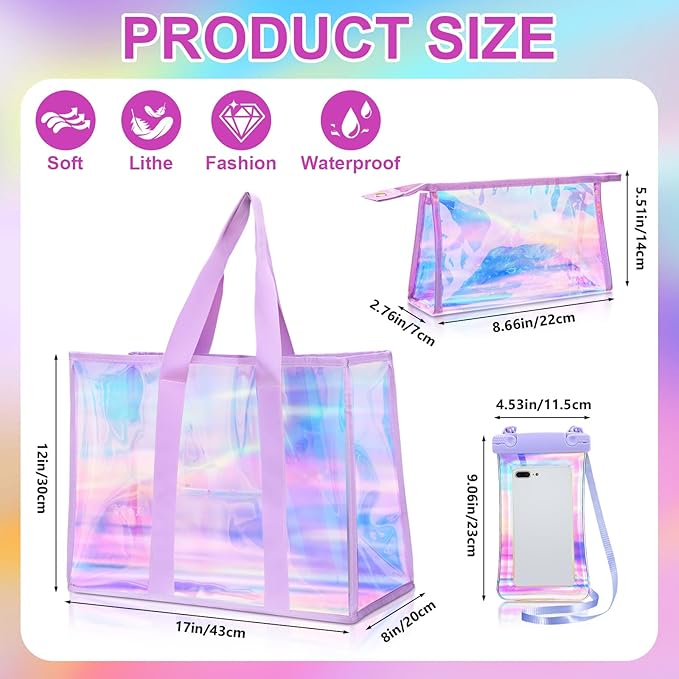 3 Pcs Waterproof Beach Bags Women Clear Iridescent Tote Bag Cosmetic Pouch for Phone Travel Beach Pool Essentials