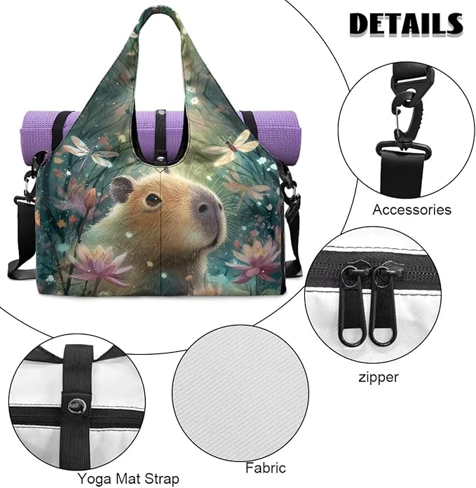 Capybara Dragonfly Sport Travel Duffle Bag with Shoe Compartment Women's Large Tote Bag for Beach Swim Airplane Weekender Carry on Bags Ladies Overnight Organizer