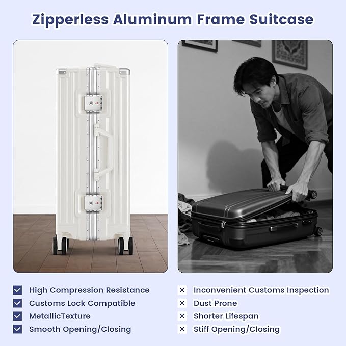 20 Inch Carry On Suitcase, Aluminum Frame Zipperless Hard Shell Luggage with Spinner Wheels, TSA Lock, USB Charging Port, Phone Holder, Cup Holder for Business Travel and Trips, White