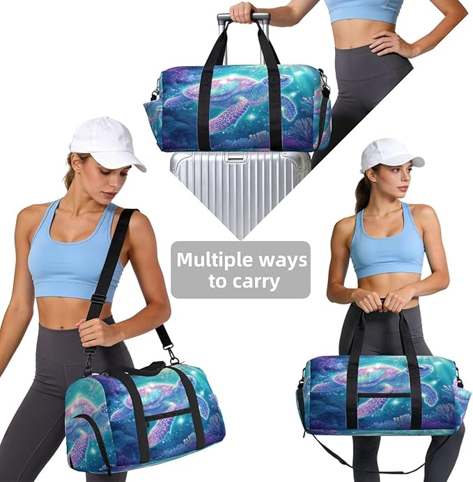 Sports Gym Bag Ocean Fantasy Pastel Sea Turtle Travel Duffel Bag With Shoe Compartment Shoulder Strap, Lightweight Water-Resistant Weekend Overnight Totes For Women Men