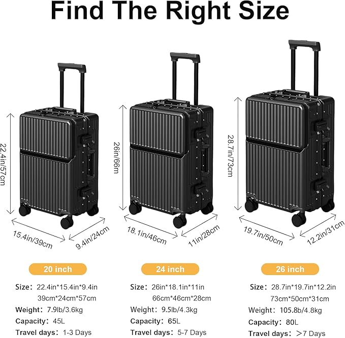 Zipperless Luggage, 22.4x15.4x9.4 Aviation Certified, Polycarbonate Aluminum Hardshell, Expandable Carry-On Luggage with Spinner Wheels, Hardshell Luggage, 20 Inch Cabin