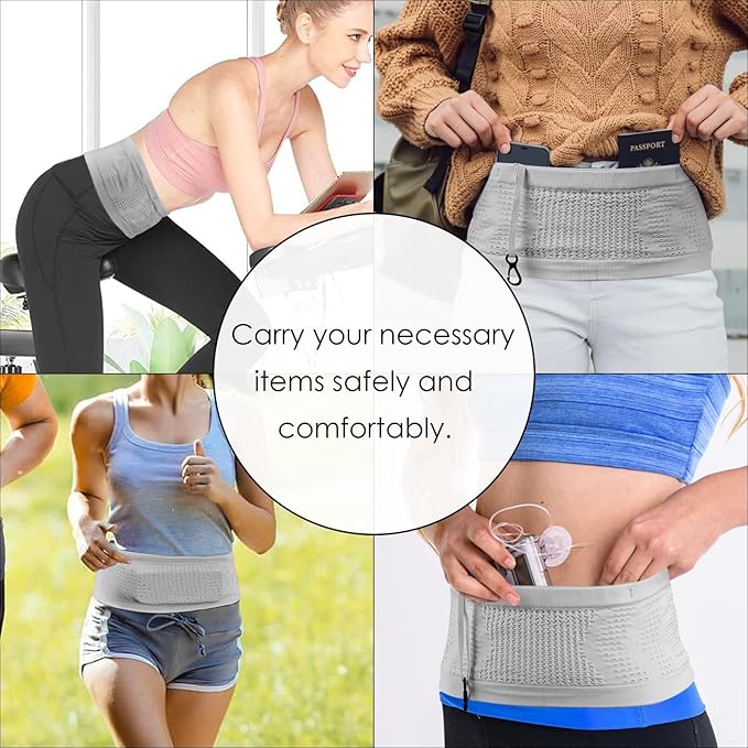 Slim Running Belt, No-Bounce Hidden Waist Pack with 360° Opening for Soft Flask, Cellphones, Keys or Gels, Grey, Small