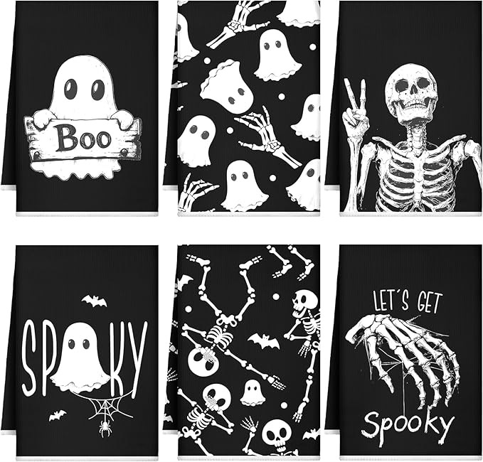 Bencailor 6 Pcs Skull Kitchen Towels Ghost Christmas Dish Hand Towels Skeleton Ghost Boo Tea Washcloth for Bathroom Kitchen Decor Party Gifts 24 x 16''