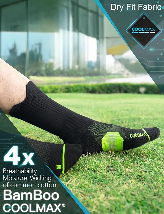Compression Running Socks, Bamboo Viscose Coolmax Moisture-Wicking Anti-Blister Athletic Hiking Workout Gym Padded