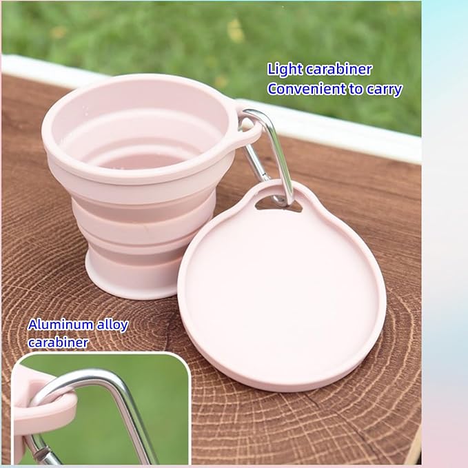 Reusable Foldable Silicone Water Cup, Portable Picnic Snacks Cup, Pocket Size Travel Cup Extensible, Collapsible Cups with Lid for Camping, Travel (Pink with Hook)