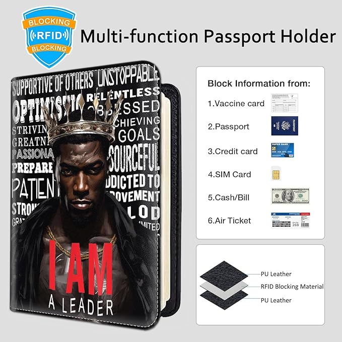Passport Holder Women Wallet with Luggage Tag, Leather Passport Cover with RFID Blocking, Travel Accessories Multi Card Slot Passport Case for Men，Black Crown King