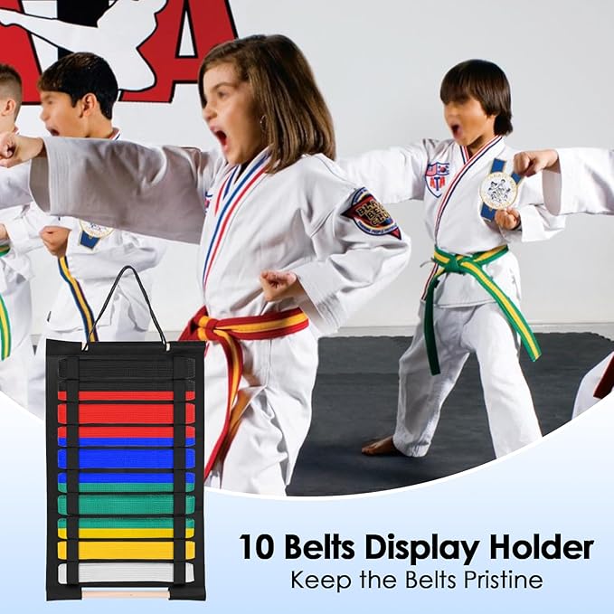 Karate Belt Display Rack, Taekwondo Belt Display Holder with Bamboo Medal Rack, Jiu Jitsu Belt Hanging Holder, Felt Martial Arts Belts Organizer for Taekwondo, Karate, BJJ Learners