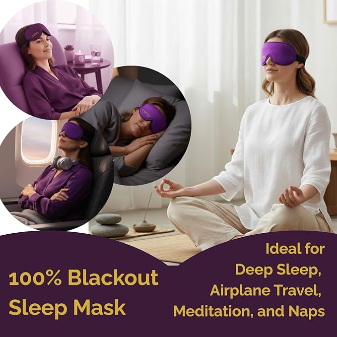 Meditation Eye Mask - 100% Blackout Sleep Masks for Women, Zero Eye Pressure - Nose Seal Eye Cover for Yoga Nidra, Naps & Travel, Adjustable Night Blindfold - Deep Lavender Purple
