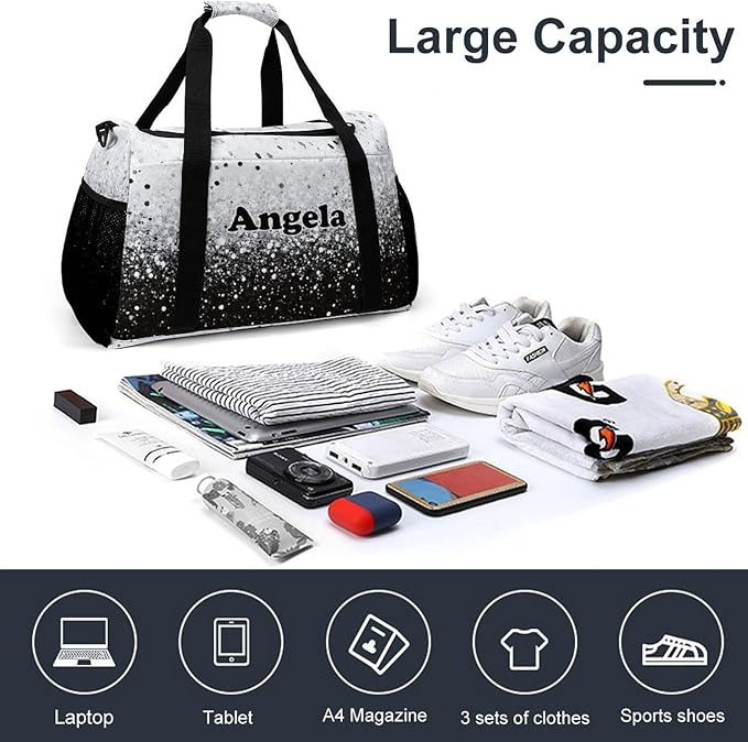 Black White Bling Print Personalized Duffle Travel Bag Custom Duffel Bag with Printed Sports Bag with Name Weekend Overnight