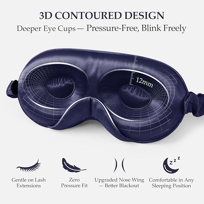 100% 22 Momme Mulberry Silk Sleep Mask with Adjustable Strap, 3D Contoured Cup Silk Eye Mask for Sleeping, Total Black Out, Navy Bule