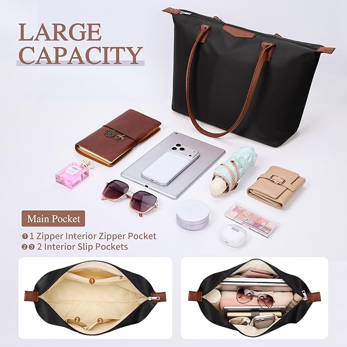 Tote Bag for Women, Nylon Top-Handle Purse with Zipper, Lightweight Foldable Shoulder Hobo Handbag