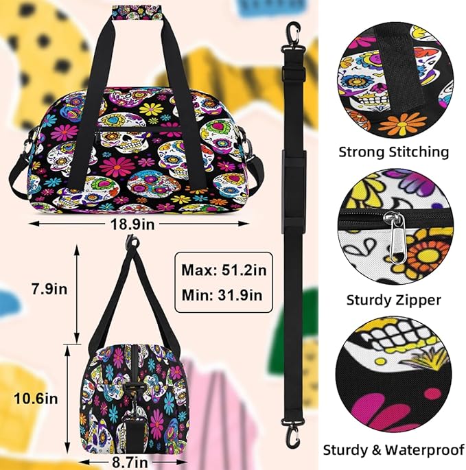 Gym Bag for Women Men, Floral Sugar Skulls Travel Duffle Bags for Dance Ballet Overnight, Carry-On Weekender Bag with Detachable Shoulder Strap