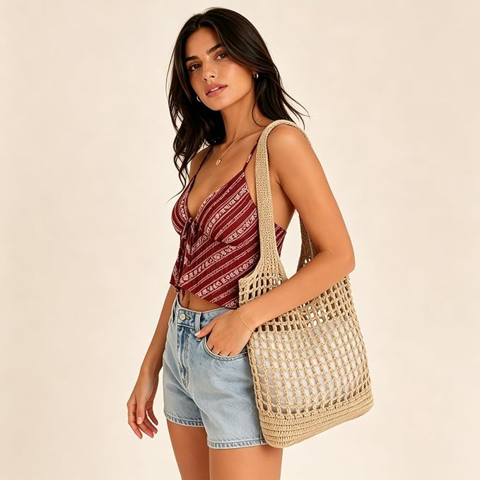 ENBEI Women Foldable Beach Tote, Washable Lightweight Beach Bag, Eco-Friendly Knit Shoulder Purse for Travel/Shopping/Gifts