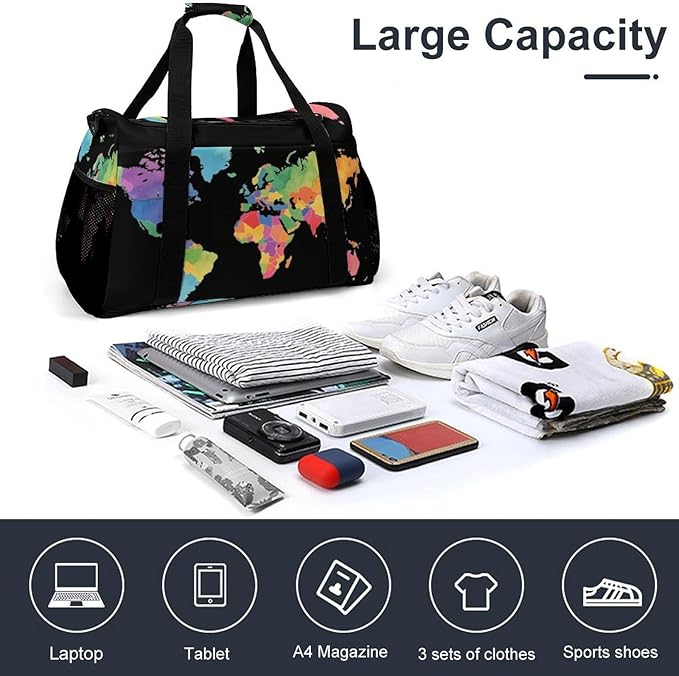 Colorful World Map Duffle Bag Gym Bag for Workout Travel Tote with Detachable Straps