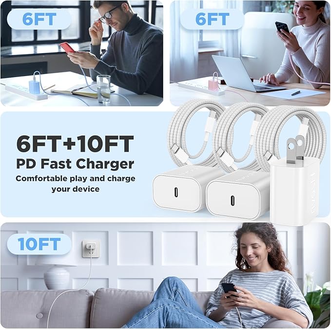 Fast Charging for iPhone 15 16 Pro Max Charger Colorful, 3Pack 20W USB C Fast Chargers Block with 6/6/10ft Long USB C to C Braided Cable Compatible with iPhone 16/15 Pro/15 Plus/iPad Pro 13/12.9，White