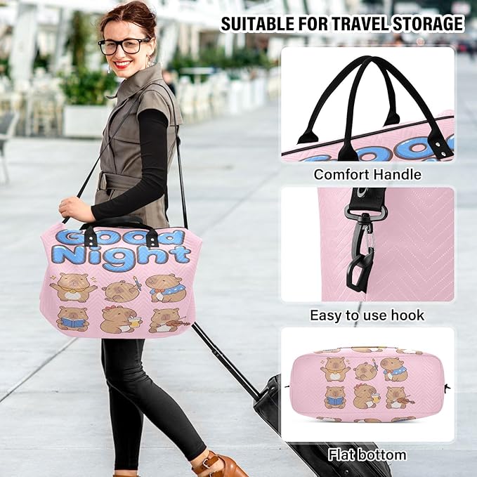Travel Duffle Bag, Cute Good Night Capybara Gym Bag with Storage Bag Weekender Overnight Bag for Men Women Trip Sports Yoga