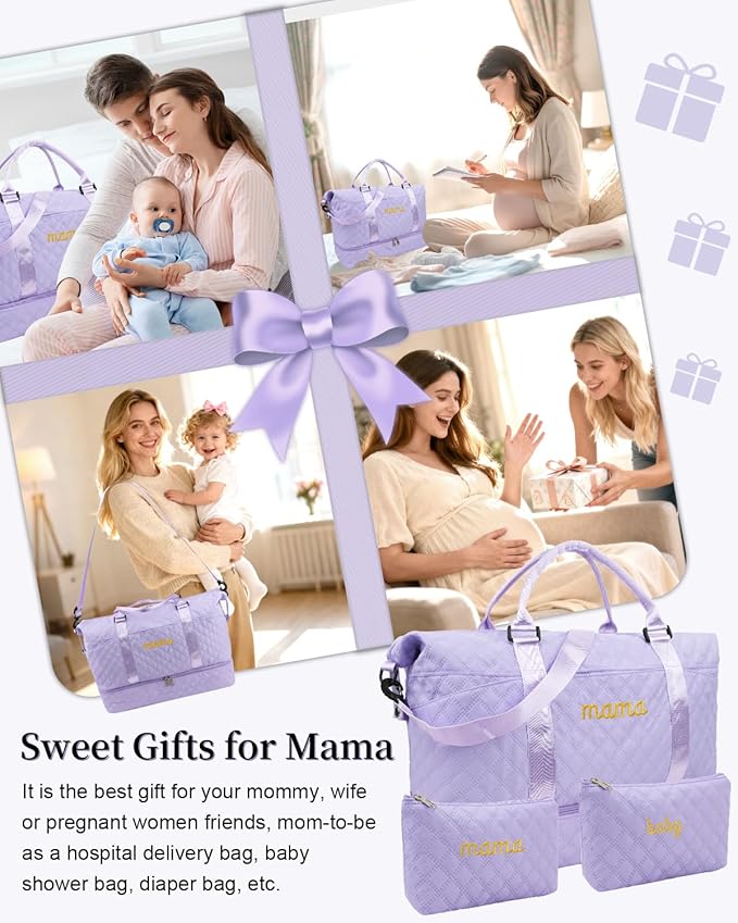 Mama Baby Pregnancy Hospital Bag Essentials for Women Labor Delivery Diaper Organizer with Shoe Compartment,2 Waterproof Toiletry Pouch Travel Duffle Bag for Mommy Weekender Overnight Gym Gifts,Purple