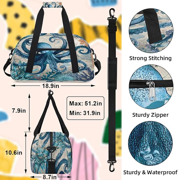 Travel Duffle Bag for travel duffle bag sports Girls Boys Kids Octopus Sea Retro Lightweight Overnight Sleepover Weekender Bags Small Dance Gym Sport Bag Teens Carry-On Size Workout Bag