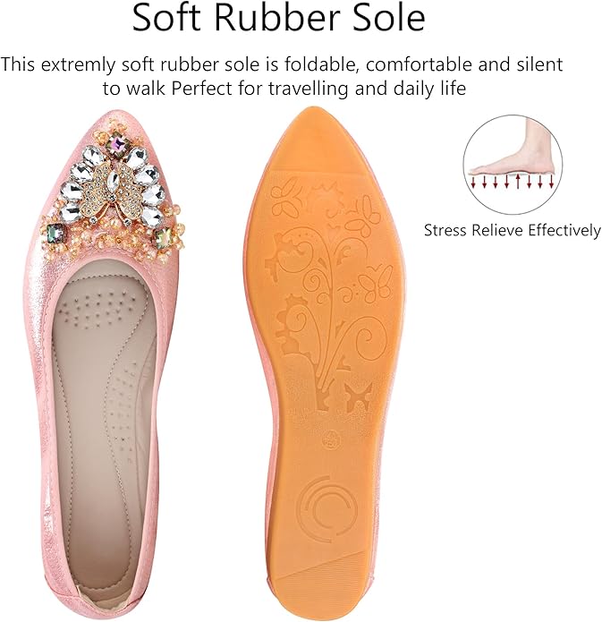 KUNWFNIX Women Ballet Flats Rhinestone Wedding Ballerina Shoes Foldable Sparkly Comfort Slip on Flat Shoes