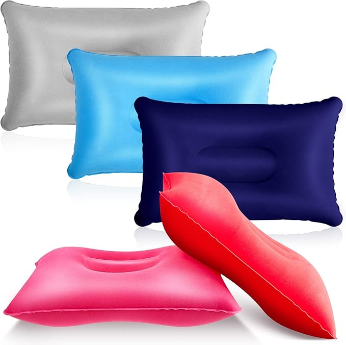 Maitys 5 Pieces Inflatable Travel Pillow Portable Compact Air Pillow Flocked Fabric Backpacking for Camping Hiking Home Office Sleeping Neck Head Lumbar Support(13.39 x 8.66 Inches,Multicolor)