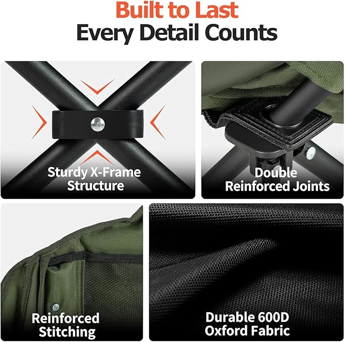 Overmont Oversized XL Camping Chair for Adults - 400lbs Support Heavy-Duty Padded Folding Chair with Side Pocket Cup Holder Cooling Bag for Outdoor Sports Garden Beach Fishing Lawn Green 2pcs