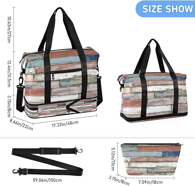 Travel Duffel Bags for Women Distressed Multicolour Wood Print Sports Duffel Bags Gym Bags with Shoes Compartment Tote Bag Weekender Bag for Travelling