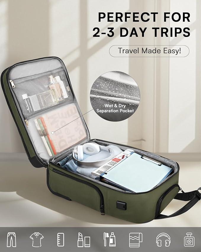 Underseat Carry On Luggage with Wheels, Airline Approved Personal Item Luggage, 16-Inch Multi-functional Underseat Luggage, Lightweight Overnight Suitcase for Women, Bussiness, Travel, Green