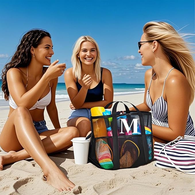 Personalized Mesh Beach Bag for Women - Waterproof Initial Tote Bag for Family Travel, Toys, Vacation Essentials