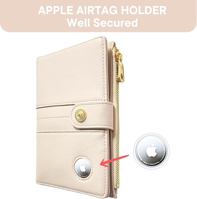 elzama Passport Holder with Airtag Slot for Travel Women, RFID Passport Wallet with Airtag Holder, Zipper Pocket Card Slots Pen Holder & Airtags Keychain (Air tag Not Included) Ivory