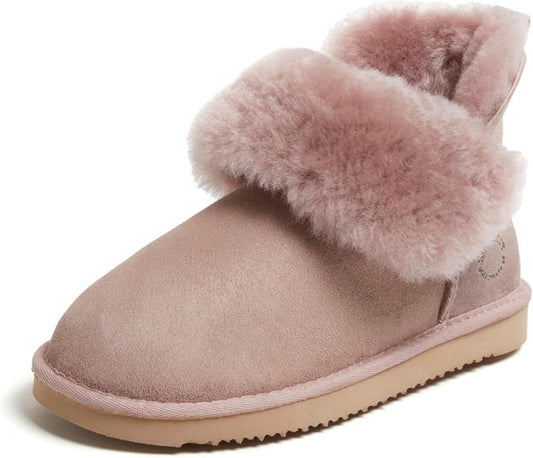 Dearfoams Women's Fireside Shearling Water Resistant Indoor/Outdoor Foldover Boot Slipper