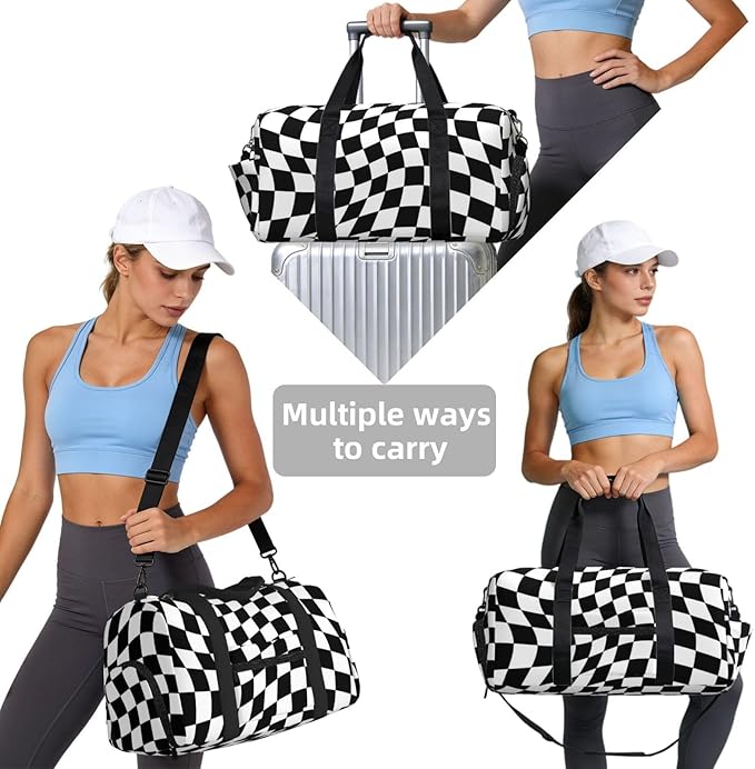 Twisted Black White Checkered Sports Gym Bag For Men Women Travel Duffel Bag With Shoe Compartment Water Resistant Gym Bag Carry On Duffel Bag For Yoga Gym Sports Weekend Traveling
