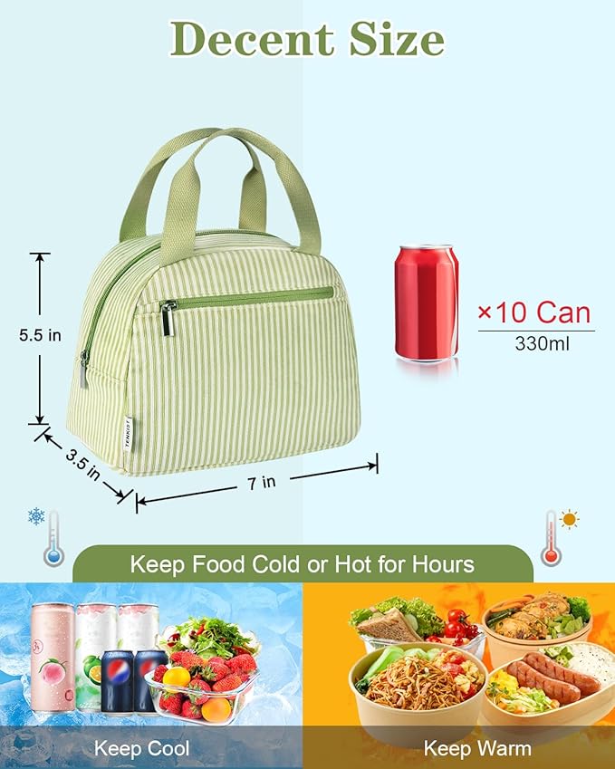 Cute Lunch Box Tote Bag - Cooler Corduroy Insulated Bags for Women - Lightweight Reusable Portable Soft Lunch Pail Kit for Adults Work Picnic Travel Green 8L