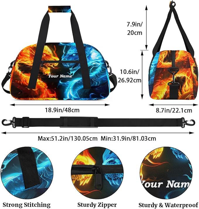 Custom Name Fire and Ice Dragon Boys Gym Travel Duffle Bag with Front Zipper Pocket Personalized Sport Bag for Overnight, Weekender, Carry On,Workout & Dance, 18.9 * 8.7 * 10.6 in