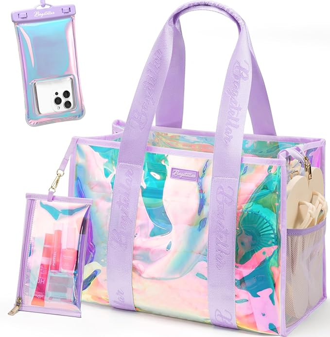 Bagstellar Iridescent Beach Tote Bags for Women, Large Zipper Beach Pool Swim Bag with Makeup Bag & Waterproof Phone Pouch | Waterproof Sandproof, Adjustable Strap, Packable, Foldable, Travel Tote Bags, Vacation Essentials, Gift for Women